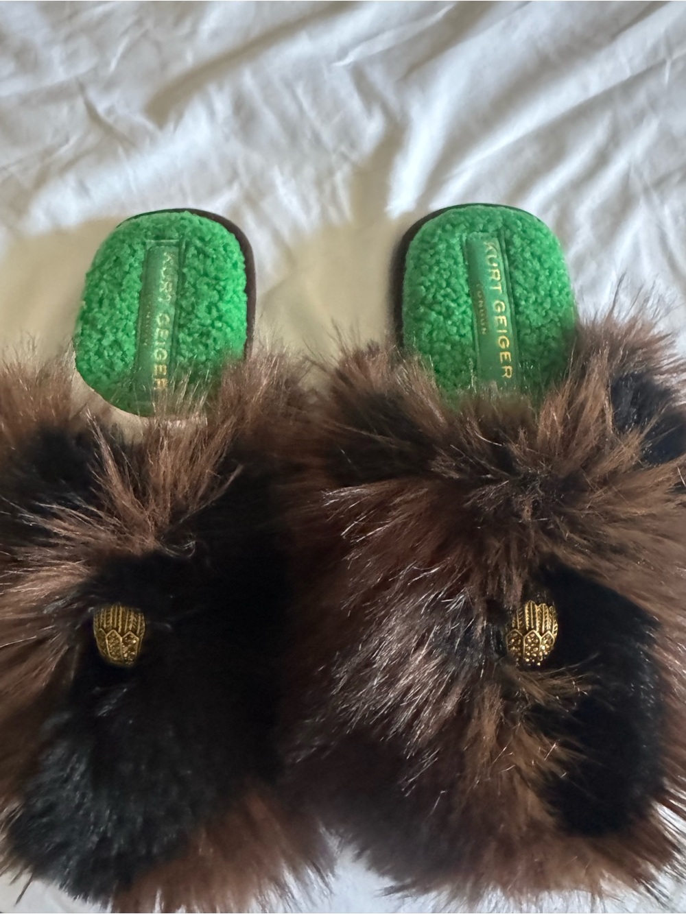 Kurt Geiger Brown Faux Fur Slide Slippers with Green Insole